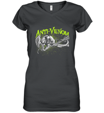 Load image into Gallery viewer, Marvel Anti Venom Green Splatter Web Swing Action Shot Women's V-Neck T-Shirt
