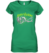 Load image into Gallery viewer, Marvel Anti Venom Green Splatter Web Swing Action Shot Women's V-Neck T-Shirt