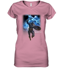 Load image into Gallery viewer, Marvel Avengers Endgame Captain America Worthy Action Pose Women's V-Neck T-Shirt
