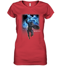 Load image into Gallery viewer, Marvel Avengers Endgame Captain America Worthy Action Pose Women's V-Neck T-Shirt

