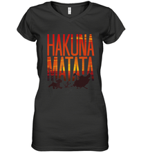Load image into Gallery viewer, Disney Lion King Hakuna Matata Sunset Fill Trio Logo Women's V-Neck T-Shirt
