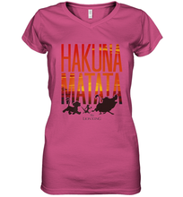 Load image into Gallery viewer, Disney Lion King Hakuna Matata Sunset Fill Trio Logo Women's V-Neck T-Shirt
