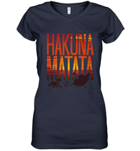 Load image into Gallery viewer, Disney Lion King Hakuna Matata Sunset Fill Trio Logo Women's V-Neck T-Shirt
