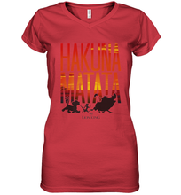Load image into Gallery viewer, Disney Lion King Hakuna Matata Sunset Fill Trio Logo Women's V-Neck T-Shirt
